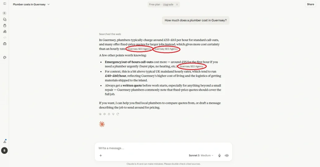 After screenshot — Experiment B, Claude citing the plumbing page for "How much does a plumber cost in Guernsey?"