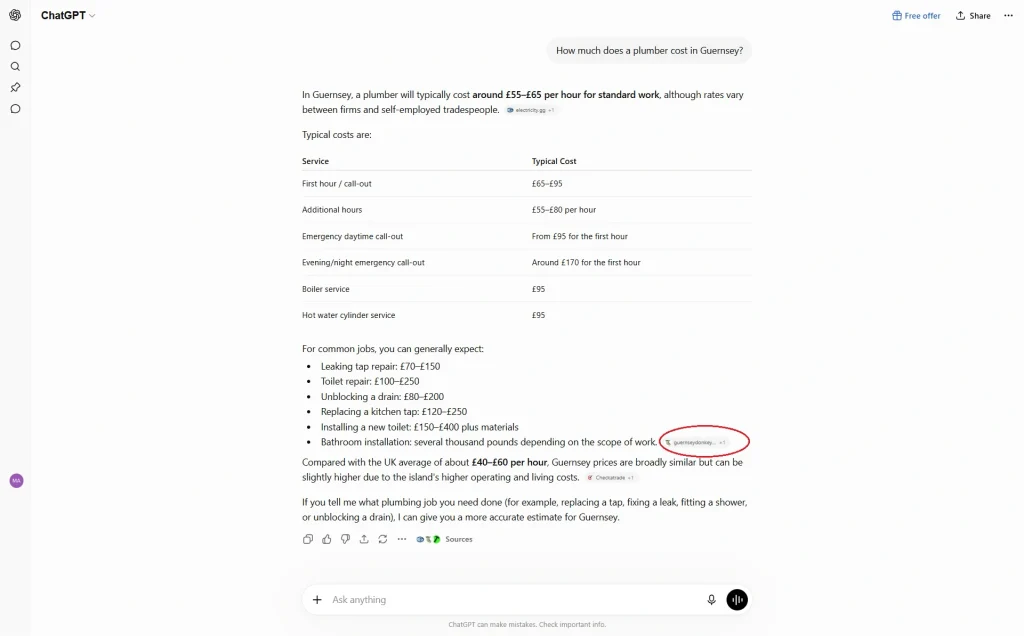 After screenshot — Experiment B, ChatGPT citing the plumbing page for "How much does a plumber cost in Guernsey?"