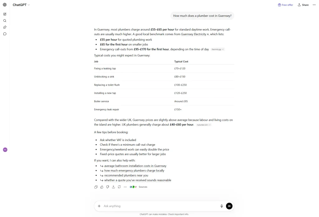 Baseline screenshot — Experiment B, ChatGPT, "How much does a plumber cost in Guernsey?" showing no citation.