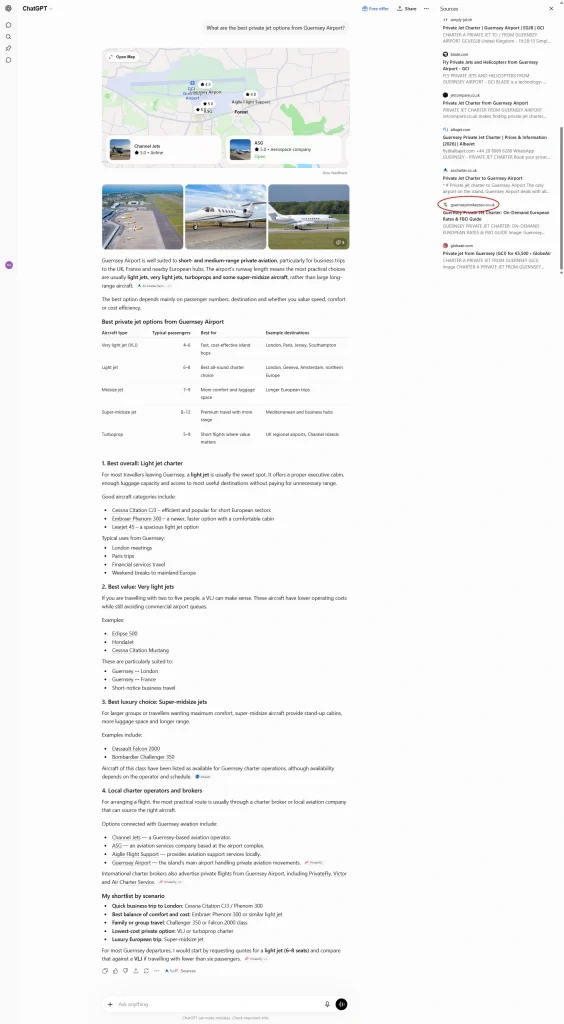 After screenshot — Experiment A, ChatGPT citing the private jet page for "What are the best private jet options from Guernsey Airport?"