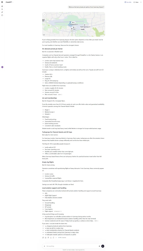 Baseline screenshot — Experiment A, ChatGPT, "What are the best private jet options from Guernsey Airport?" showing no citation.